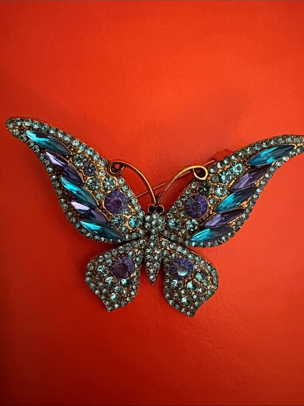 Crystal Butterfly Brooch in Teal & Purple
